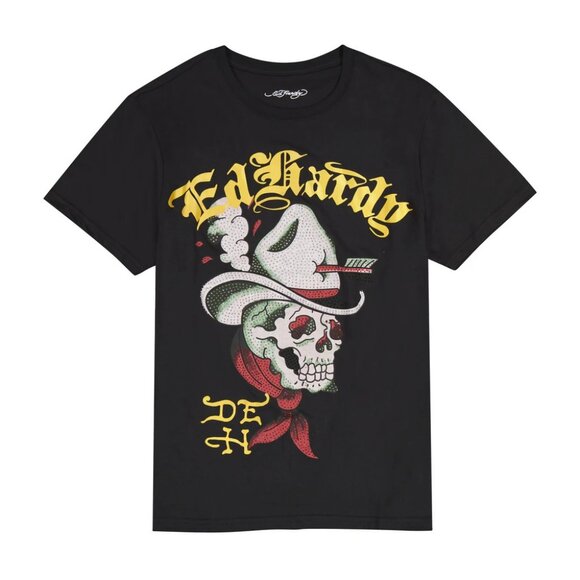 Ed Hardy Men's Cowboy Skull Throwback Rhinestone Tee Black - EHM1100-147RS - Picture 1 of 2